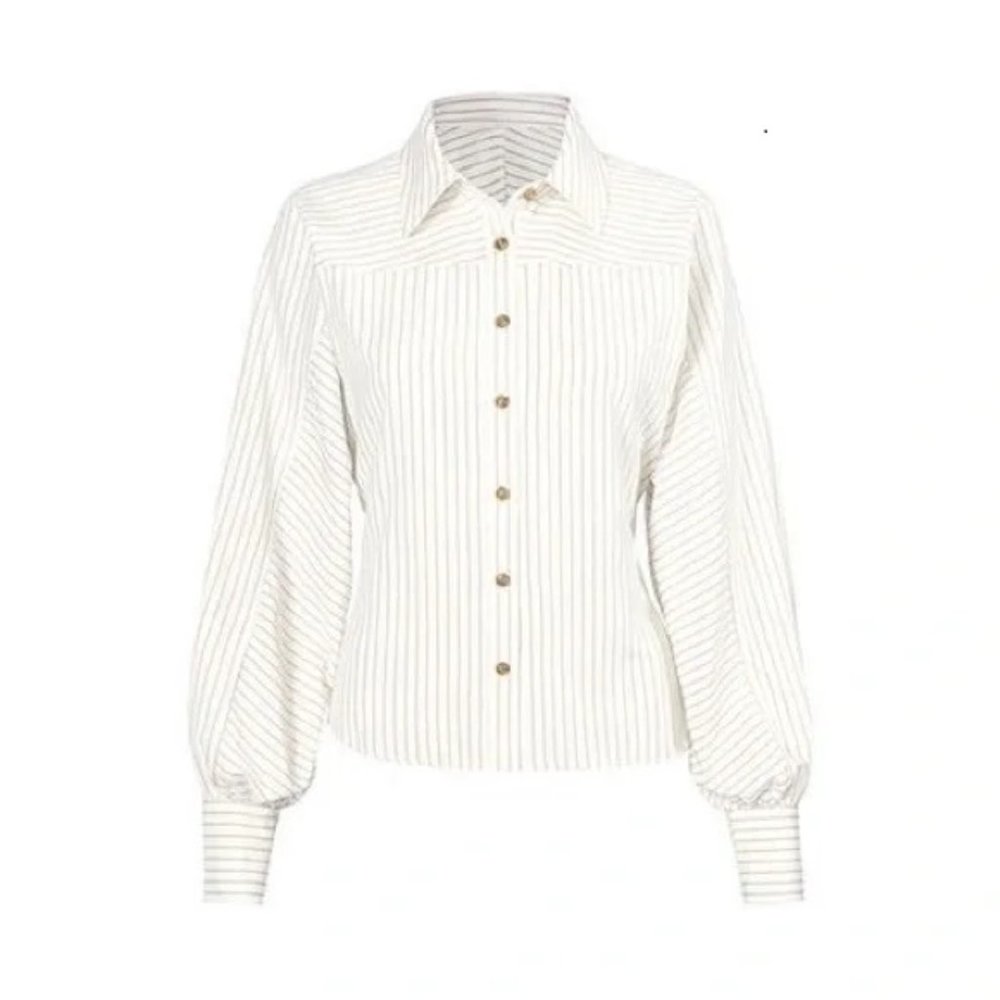 CAbi Tied-Up Shirt- taupe stripe, Style 4155